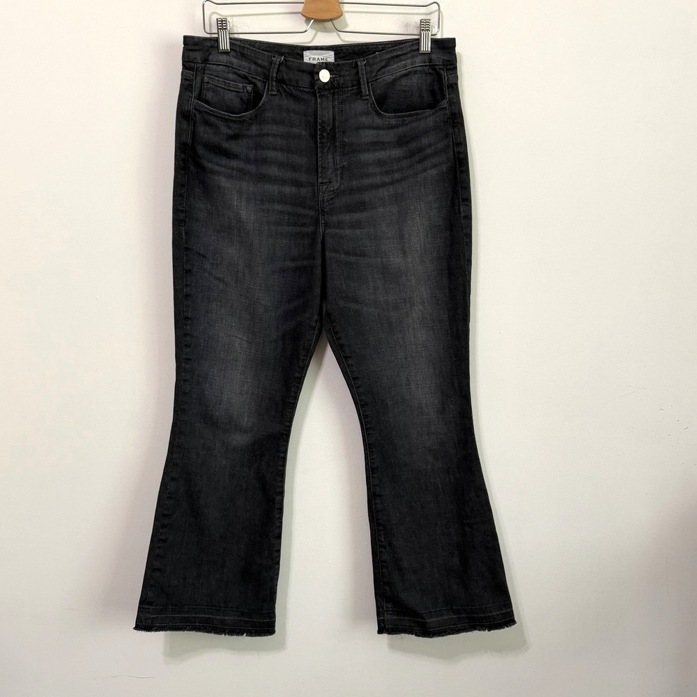 FRAME Le Super High Crop Mini Boot Jeans 31 Black Oak Raw Hem Stretch 32x26 - Picture 1 of 10